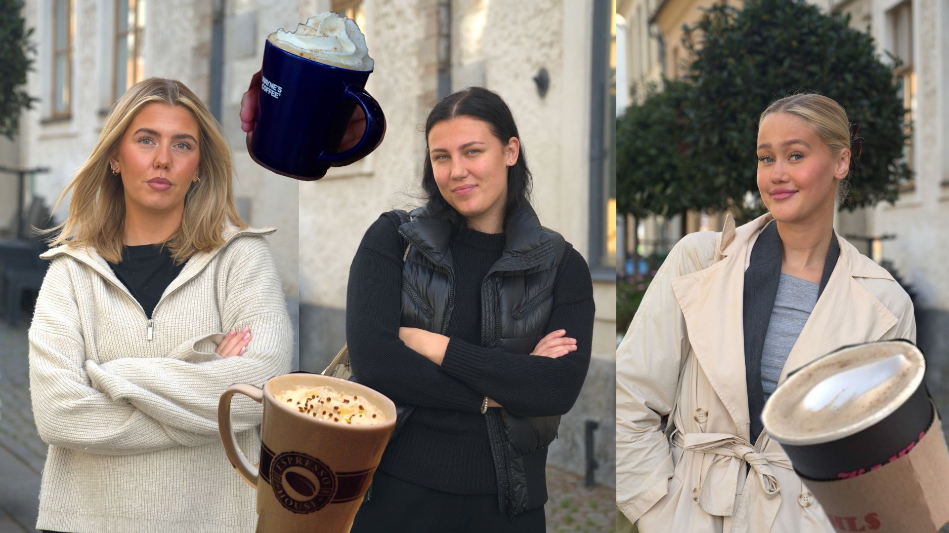Foto på Wilma Broberg, Lovia Johansson och Nellie Christiansson. Tre olika kaffemuggar står utspridda på bilden.