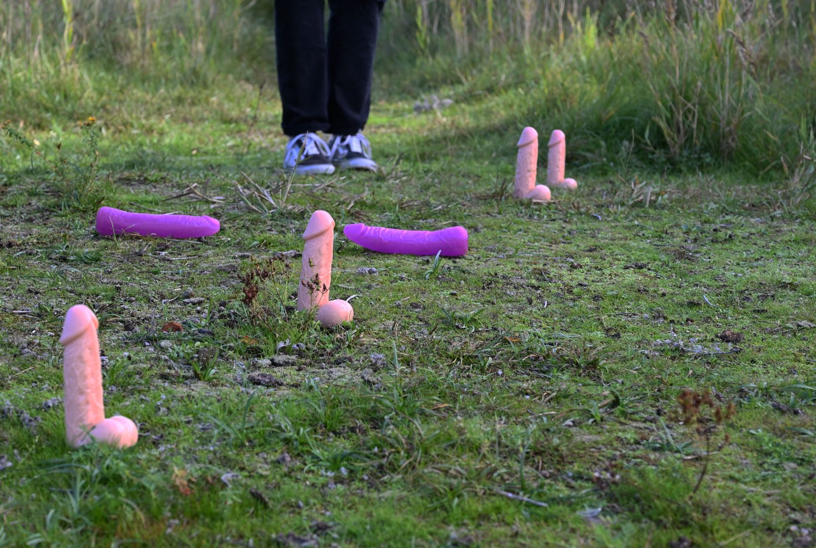 En bild på dildos som står uppradade som i kubb.