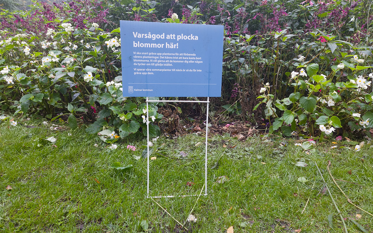 Skylt av att man kan plocka blommor