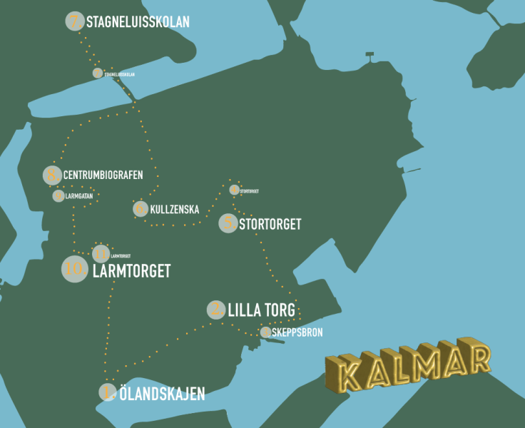 En karta över Kalmar och olika stopp.
