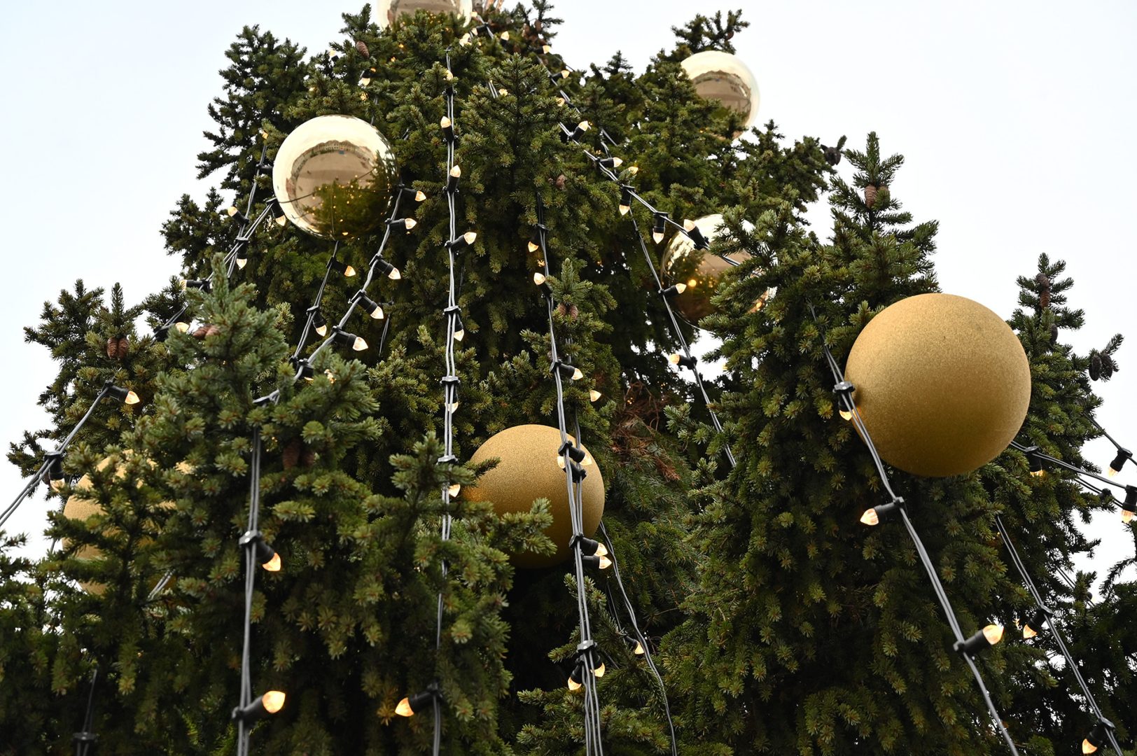 En närbild på julgranen på stortorget i Kalmar. Julgranskulorna och ljusslingan syns väl.