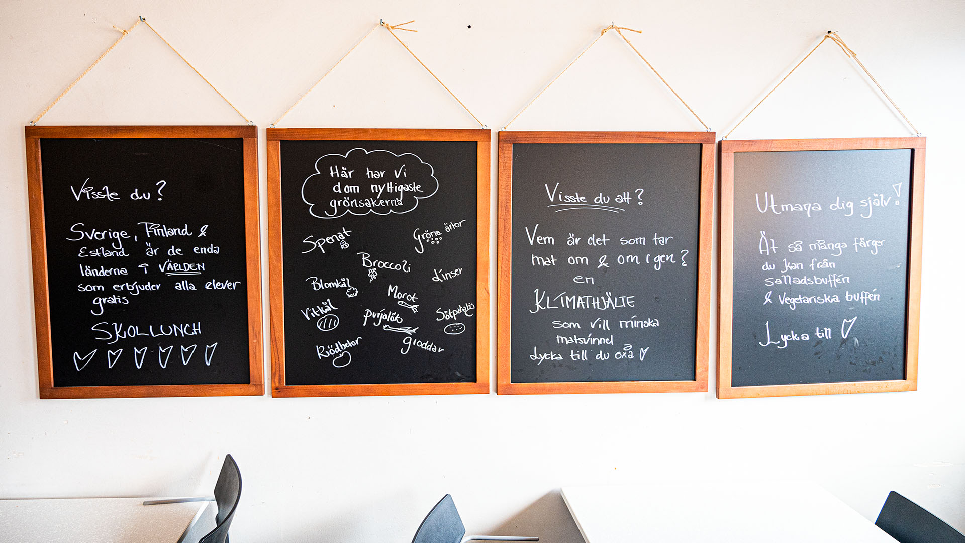 Tavlor på vägg, med olika positiva budskap om mathållning