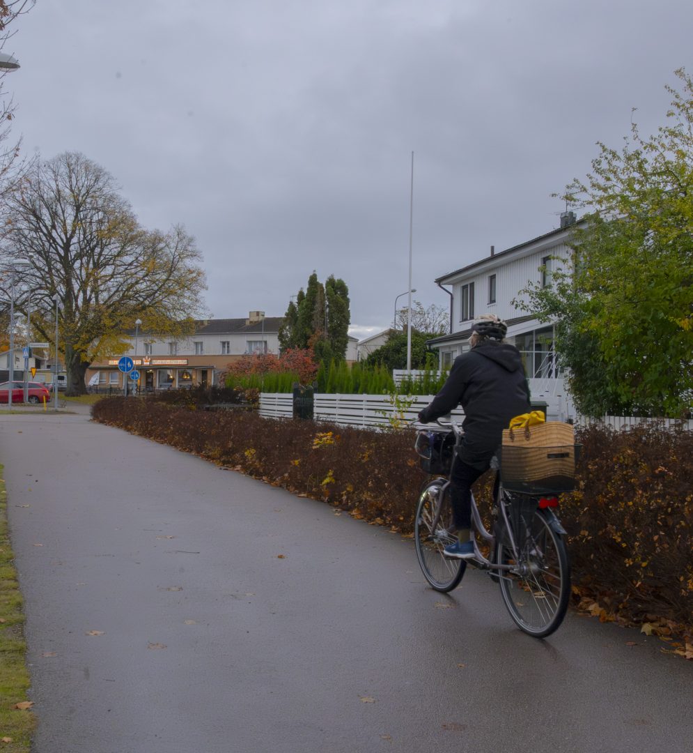 En person cyklar längs en gång- och cykelväg i Kalmar en mulen höstdag, med hus och träd i bakgrunden.