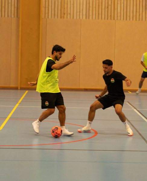 Två spelare i en inomhushall tävlar om en orange boll, den ena i gul väst försöker dribbla förbi den andra i svart tröja.
