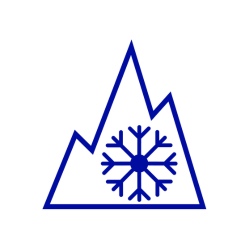 Ett berg med tre toppar och en snöflinga i mitten. Konturerna för bilden är mörkblå. 