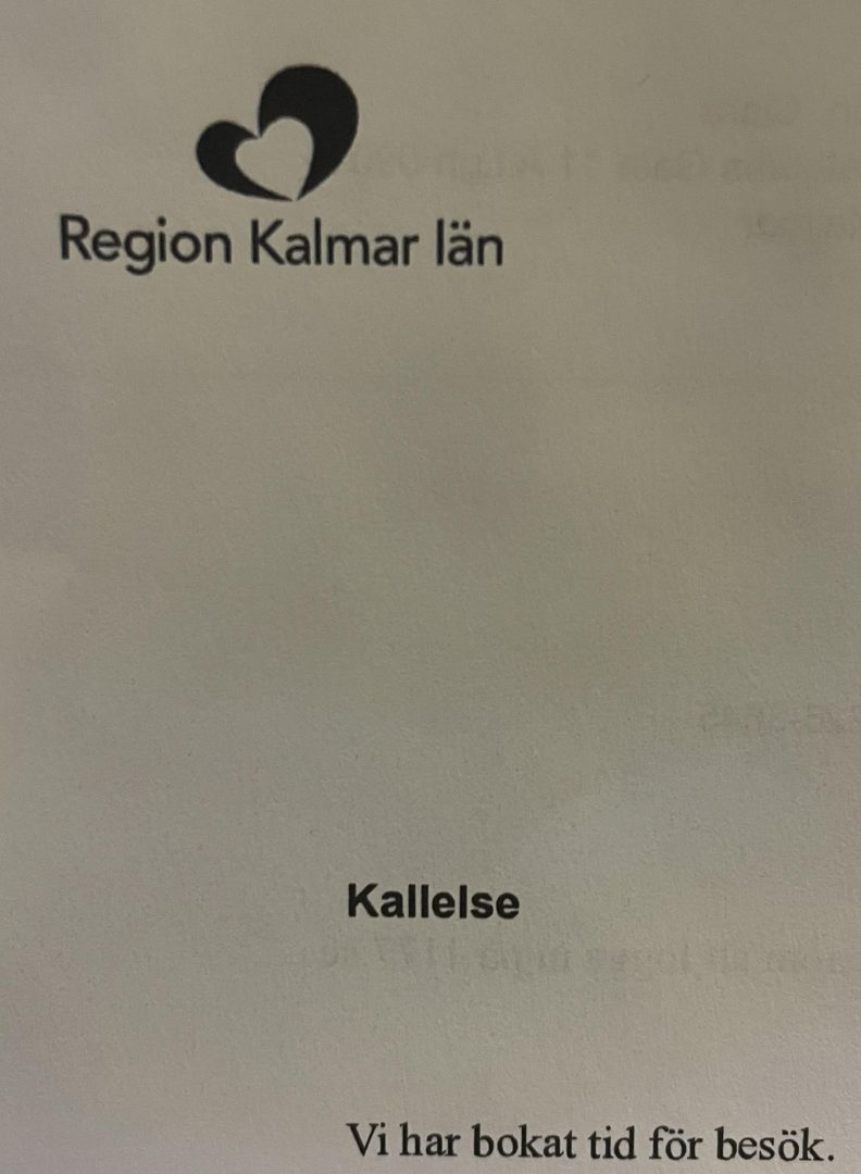 Symbol för Region Kalmar län och texten "Kallelse. Vi har bokat tid för besök."